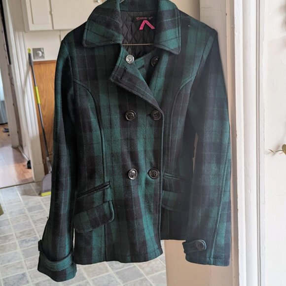 Green and Black Plaid Peacoat - Picture 5 of 12